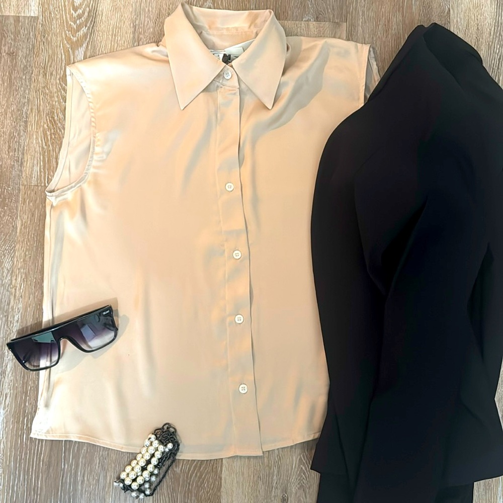 Silky Champagne Sleeveless Button-Up